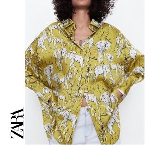 ZARA Blogger Favorite Silky Elephant Print Oversized Shirt Size L like new